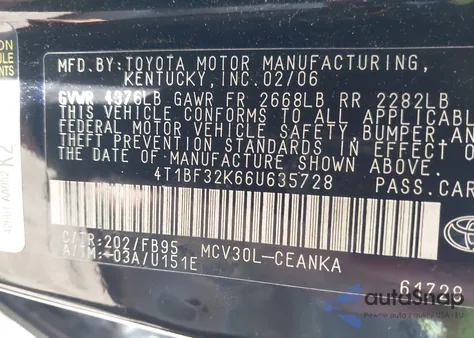 2006 Toyota Camry Le V6/Xle V6 from USA, damaged, VIN 4T1BF32K664635728